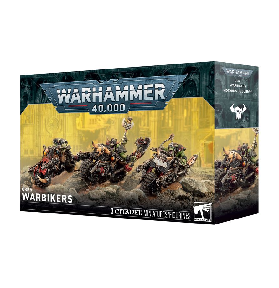 Warhammer 40,000 Warbikers miniatures box set, featuring painted sci-fi vehicle miniatures on the front of the packaging.