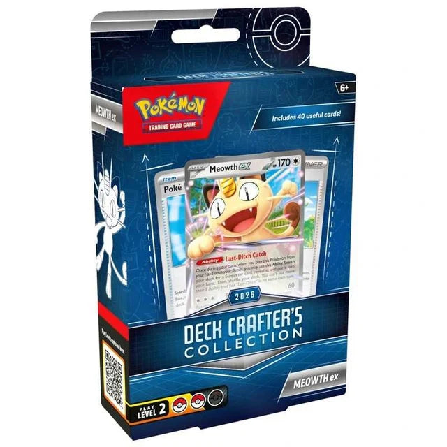 Pokémon Trading Card Game Deck Crafter's Collection box for Meowth ex, featuring a dark blue and black design with a red Pokémon logo and a sample Meowth ex card displayed on the front.