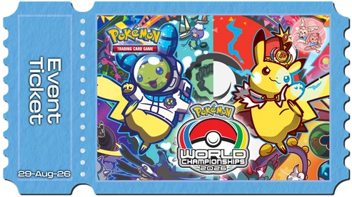 A Pokémon Trading Card Game event ticket for the 2026 World Championships, featuring colorful illustrated artwork of Pichu and other characters on a blue scalloped border with 'Event Ticket' text.