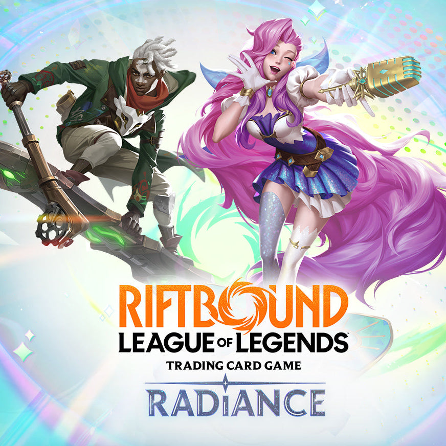 Promotional artwork for Riftbound League of Legends Trading Card Game featuring Radiance and a second League character on a glowing circular stage with the text 'OWN THE STAGE THE WORLD IS WATCHING COMING OCTOBER 23'.