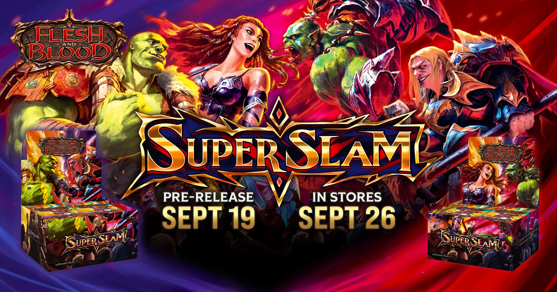 Promotional image for 'Super Slam' with characters and release dates.