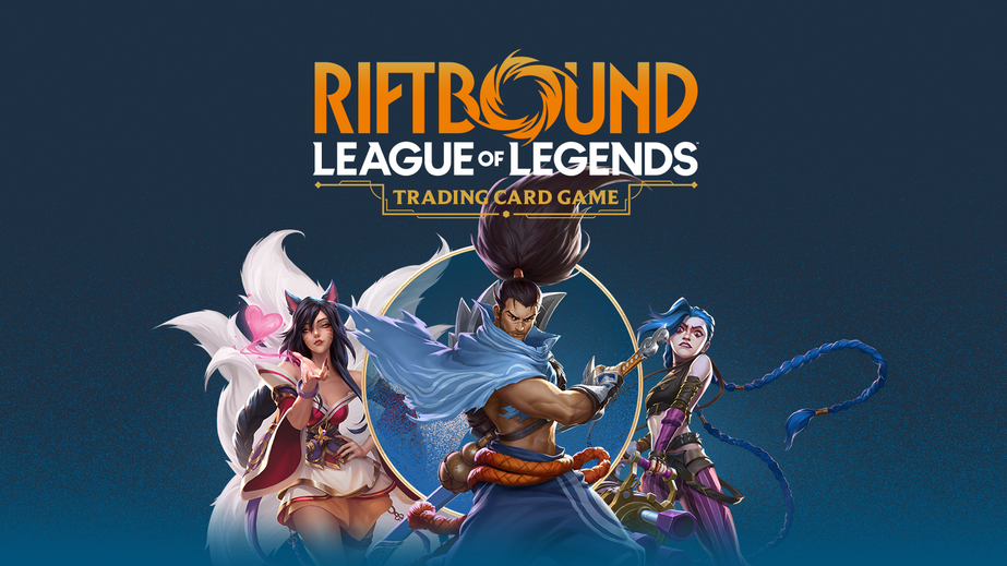 Promotional image for 'Riftbound League of Legends Trading Card Game' featuring three characters on a blue background.