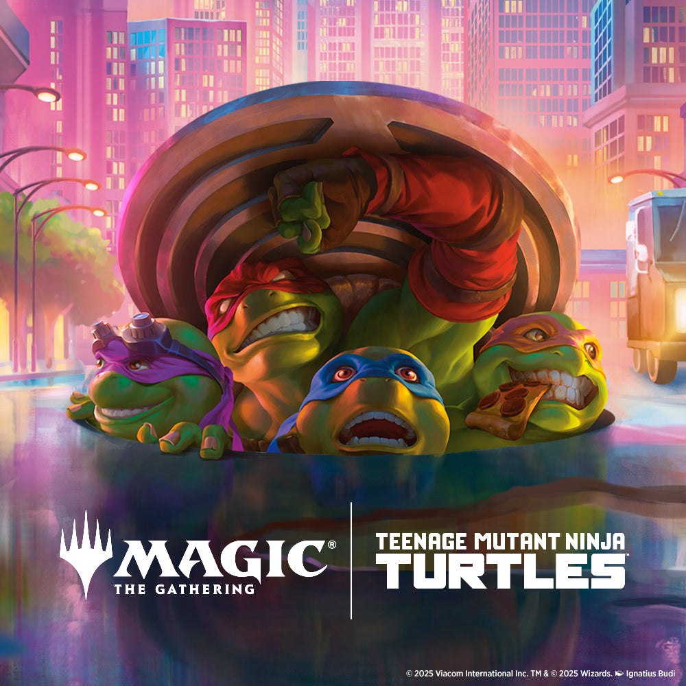 Collaboration between Magic: The Gathering and Teenage Mutant Ninja Turtles with colorful turtles in a cityscape.