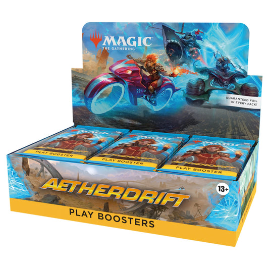 Magic: The Gathering Aetherdrift Play Boosters display box with multiple booster packs arranged inside. The packaging features colorful fantasy artwork of a character on a red motorcycle and blue energy effects, with the Magic: The Gathering logo and Aetherdrift title clearly visible.
