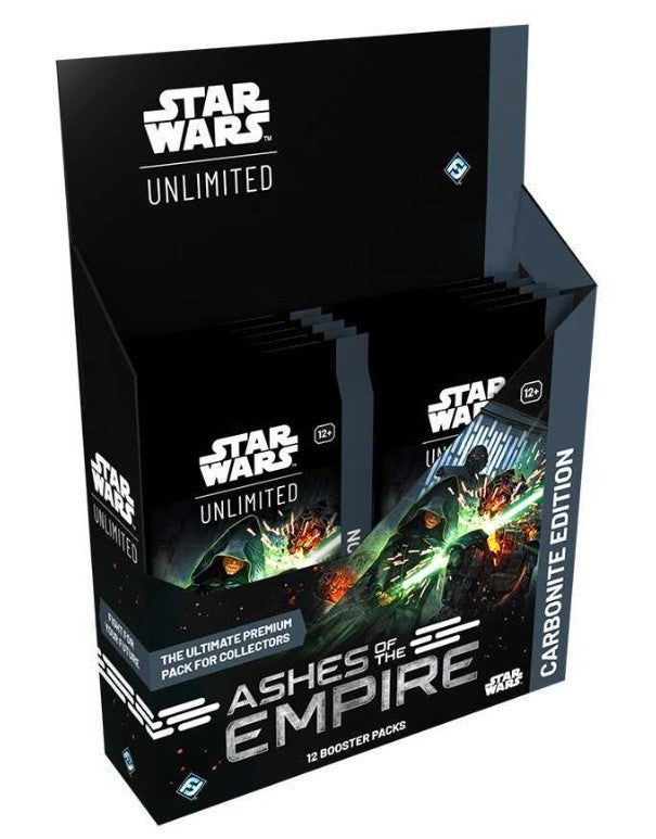Star Wars Unlimited Carbonite Edition Ashes of the Empire booster pack display box, showing multiple individual booster packs inside a black retail display stand with sci-fi artwork.