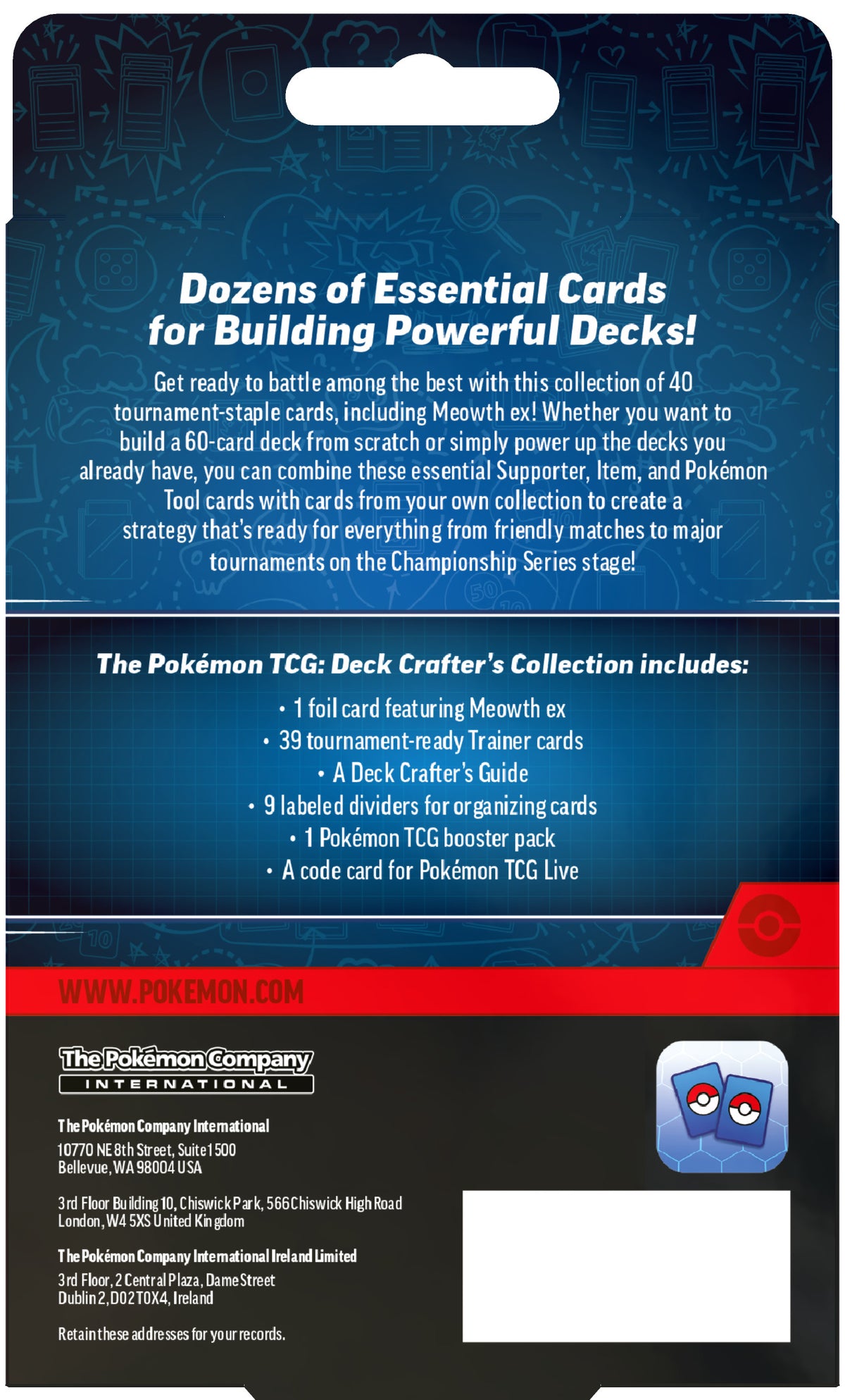 Back of a Pokémon TCG Deck Crafter's Collection card pack, featuring product description, list of included items, website, and a Pokémon logo on a dark blue background with a red band at the bottom.