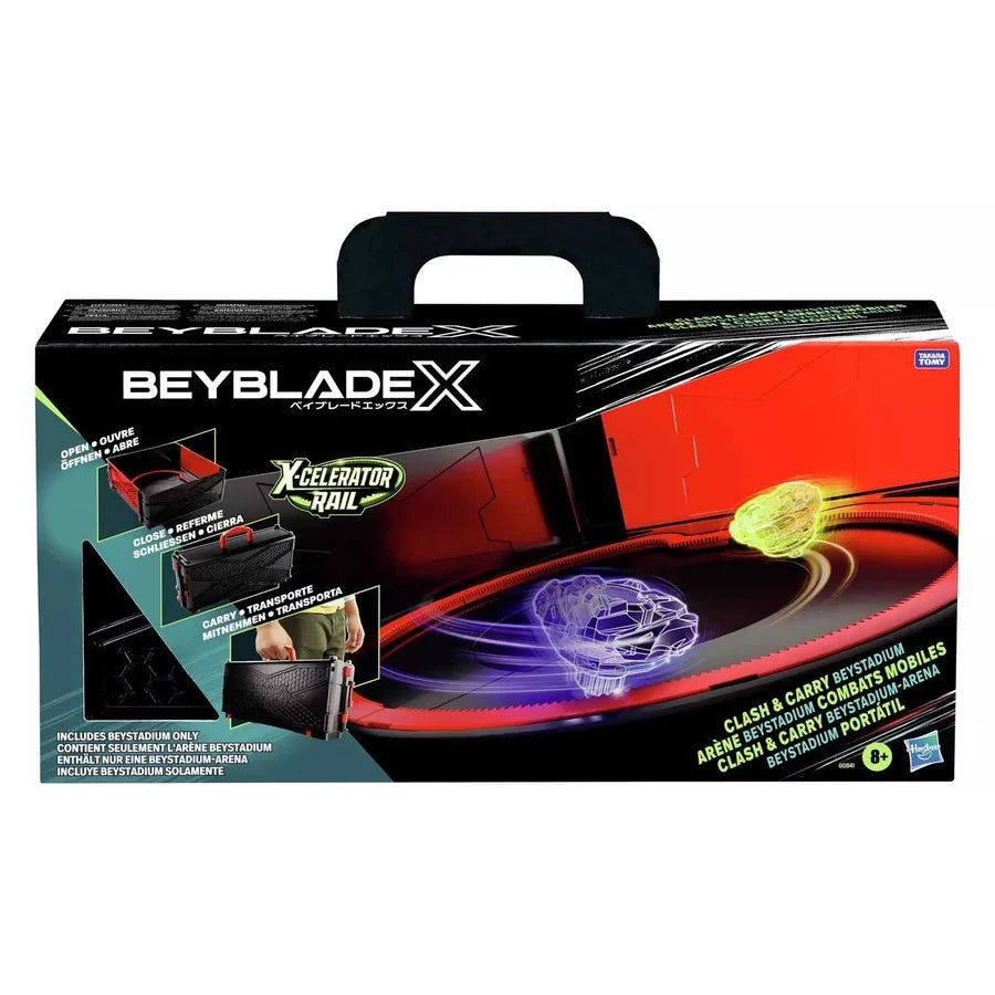 Beyblade X Revolution Clash & Carry System toy packaging box with a black handle, showing Beyblade discs and accessories on a white background.