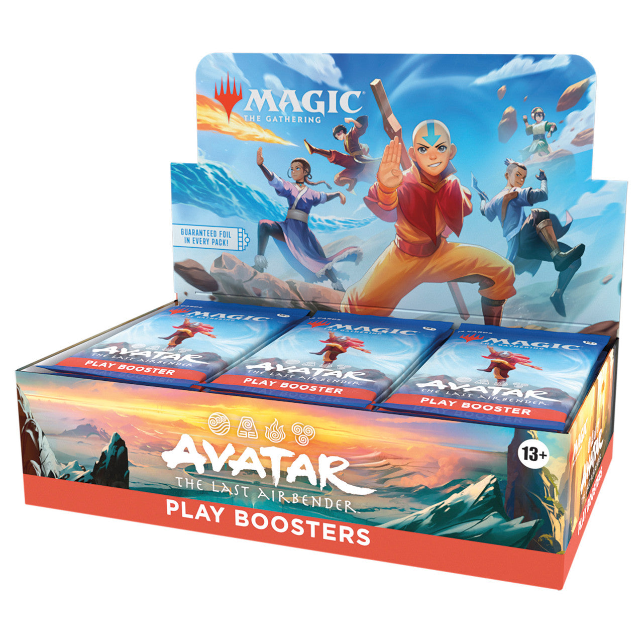 Display box of 'Avatar: The Last Airbender' play boosters featuring characters and 'Magic: The Gathering' branding.