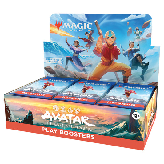 Display box of 'Avatar: The Last Airbender' play boosters featuring characters and 'Magic: The Gathering' branding.