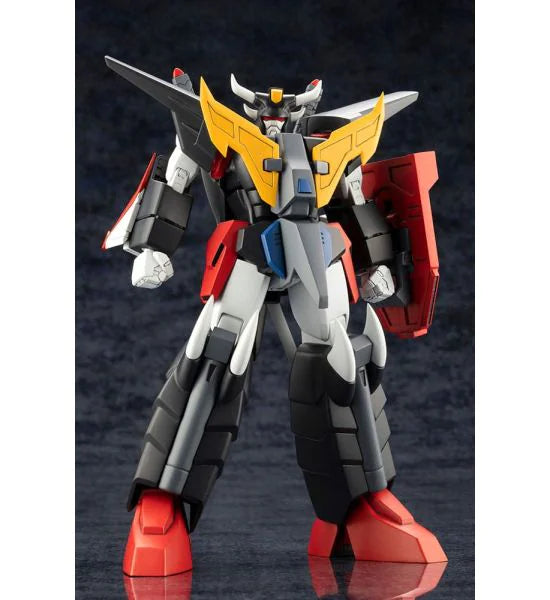 Toy robot figure with red, yellow, and black colors on a dark background