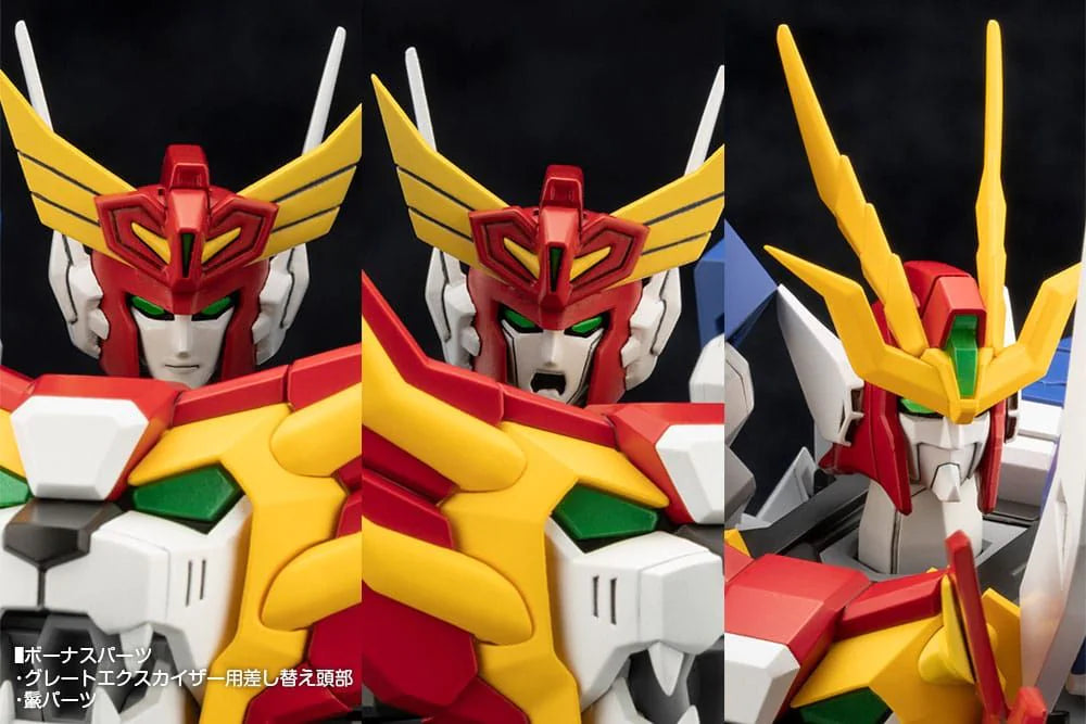 Three views of a colorful robot model with red, yellow, and white colors on a black background.