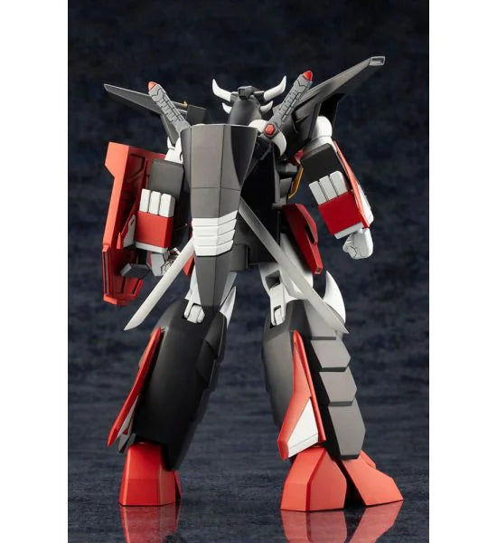 Robot model with red, black, and gray color scheme on a dark background