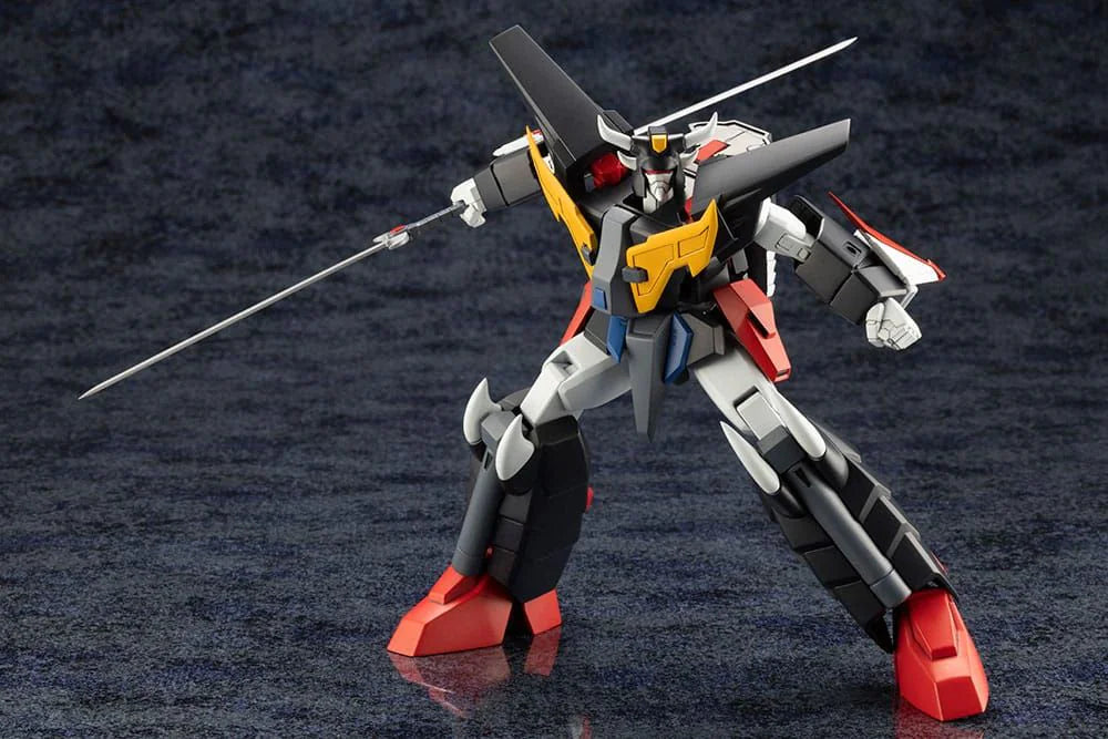 Model robot with a sword on a dark textured background