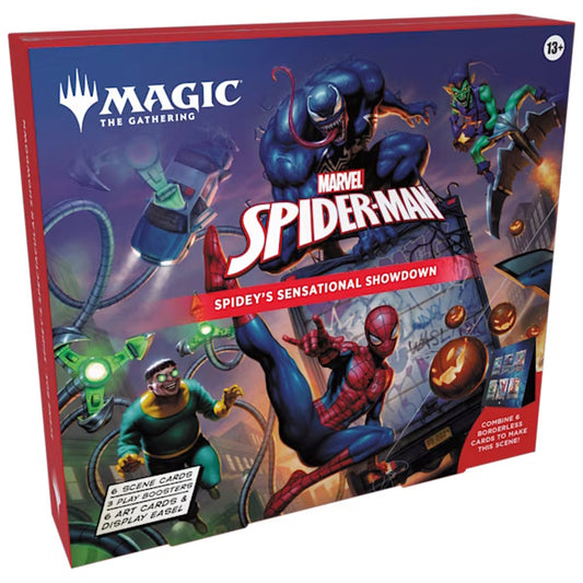 Box featuring Spider-Man and Magic: The Gathering logos with colorful characters on a blue and red background.
