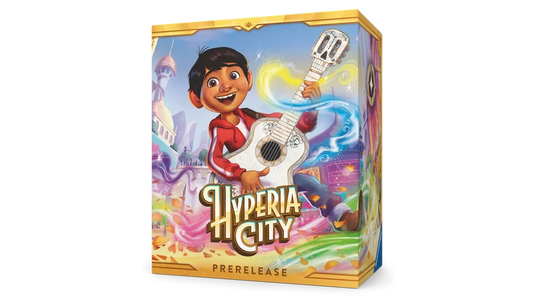 Hyperia City pre release kit featuring character with guitar
