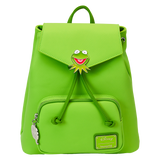 Green backpack with a face design on a white background