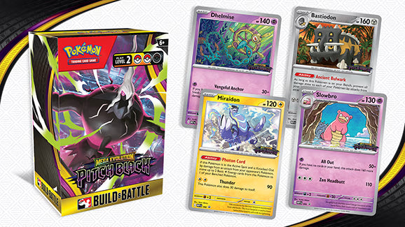 Pokémon trading card game packaging and cards on a colorful background