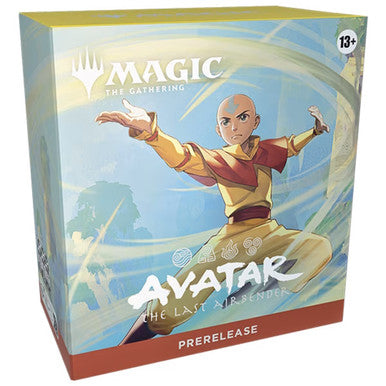 Card game box for 'Avatar: The Last Airbender' featuring a character in a dynamic pose with a blue and yellow color scheme.