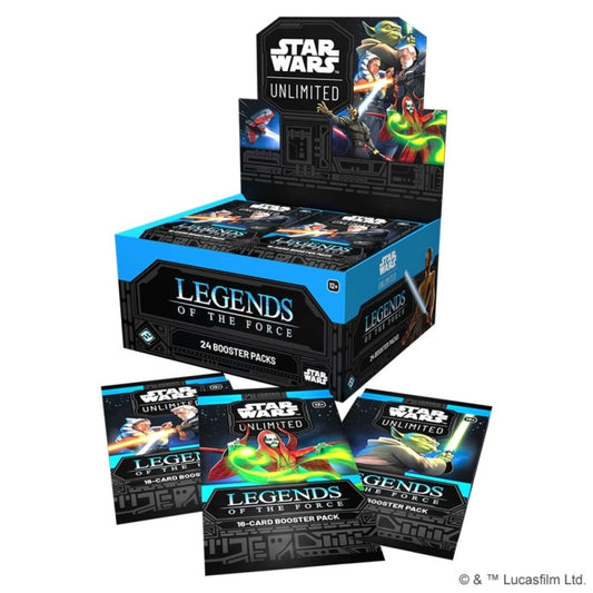 Star Wars Legends of the Force trading card game booster box with multiple packs displayed.