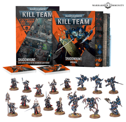 Warhammer 40,000 Kill Team Shadowhunt game set with box and miniatures on a white background